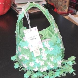 Handcrafted In India Green Flower Beaded Purse